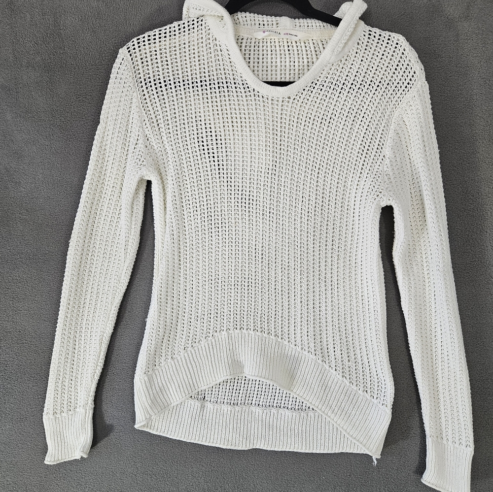 Athleta Womens XXS Beach Knit Sweater White Hooded Vneck Athletic Pullover